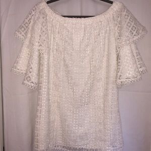 Crocheted Tiered-Sleeve Across-the-shoulder Dress